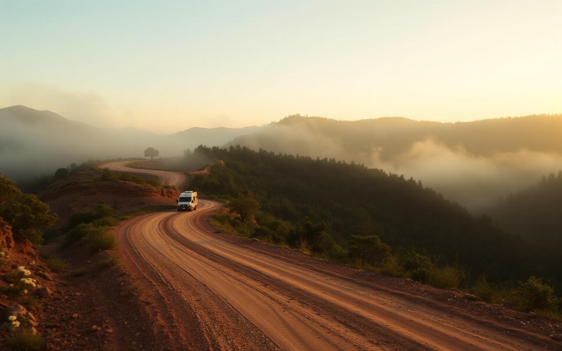 Estrada de terra serpenteando entre montanhas verdes ao amanhecer com uma van ao longe