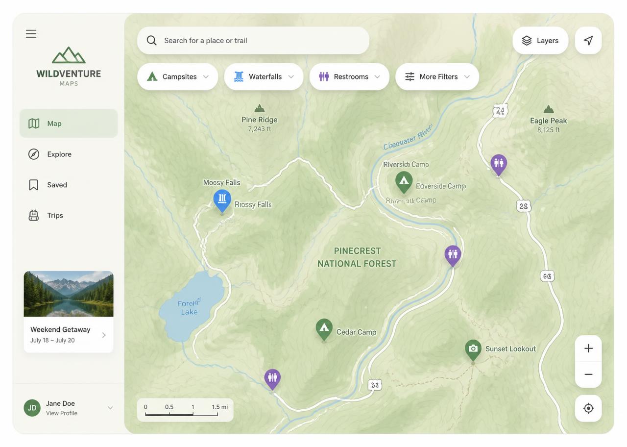Prévia da interface do mapa Vandor com filtros de campings, cachoeiras e banheiros